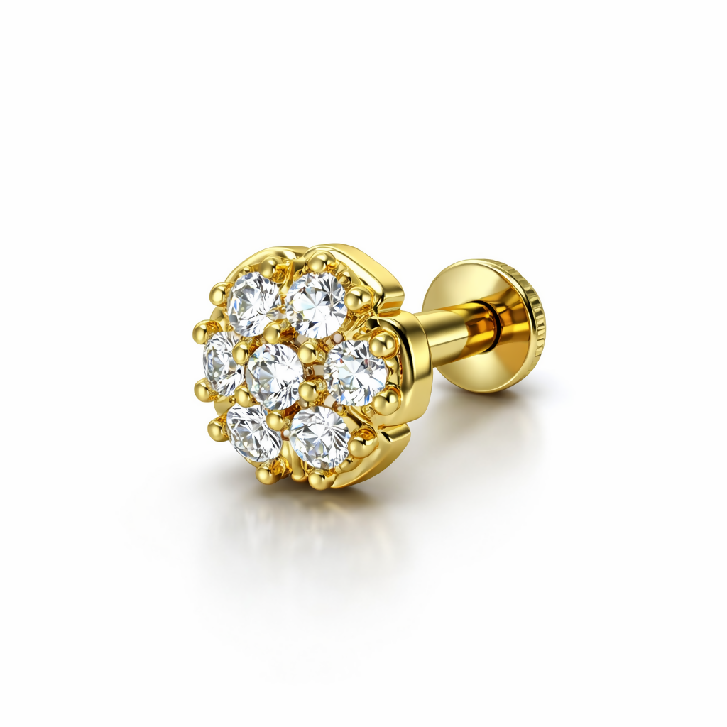 Delicate gold nosepin with cluster of sparkling crystals in floral design