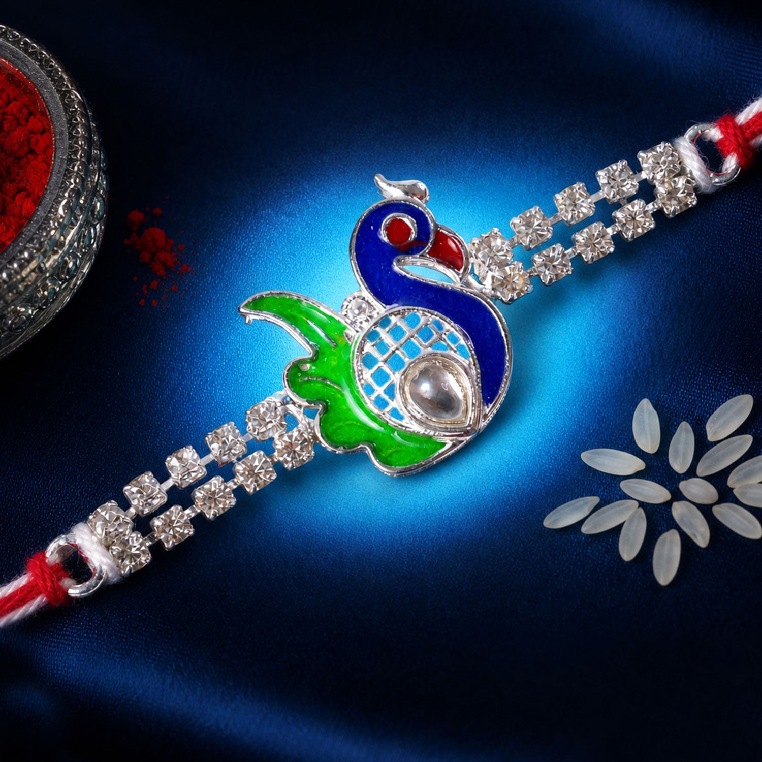 Classic Rakhi featuring Peacock Charm, crystal sparkle and display look for Gift Use