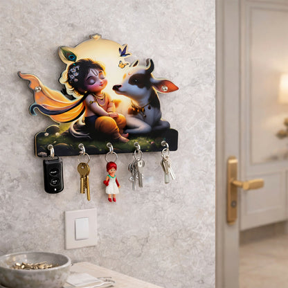 Decorative Krishna Cow Design Wall Key Holder with 5 Hooks – No Drilling Required