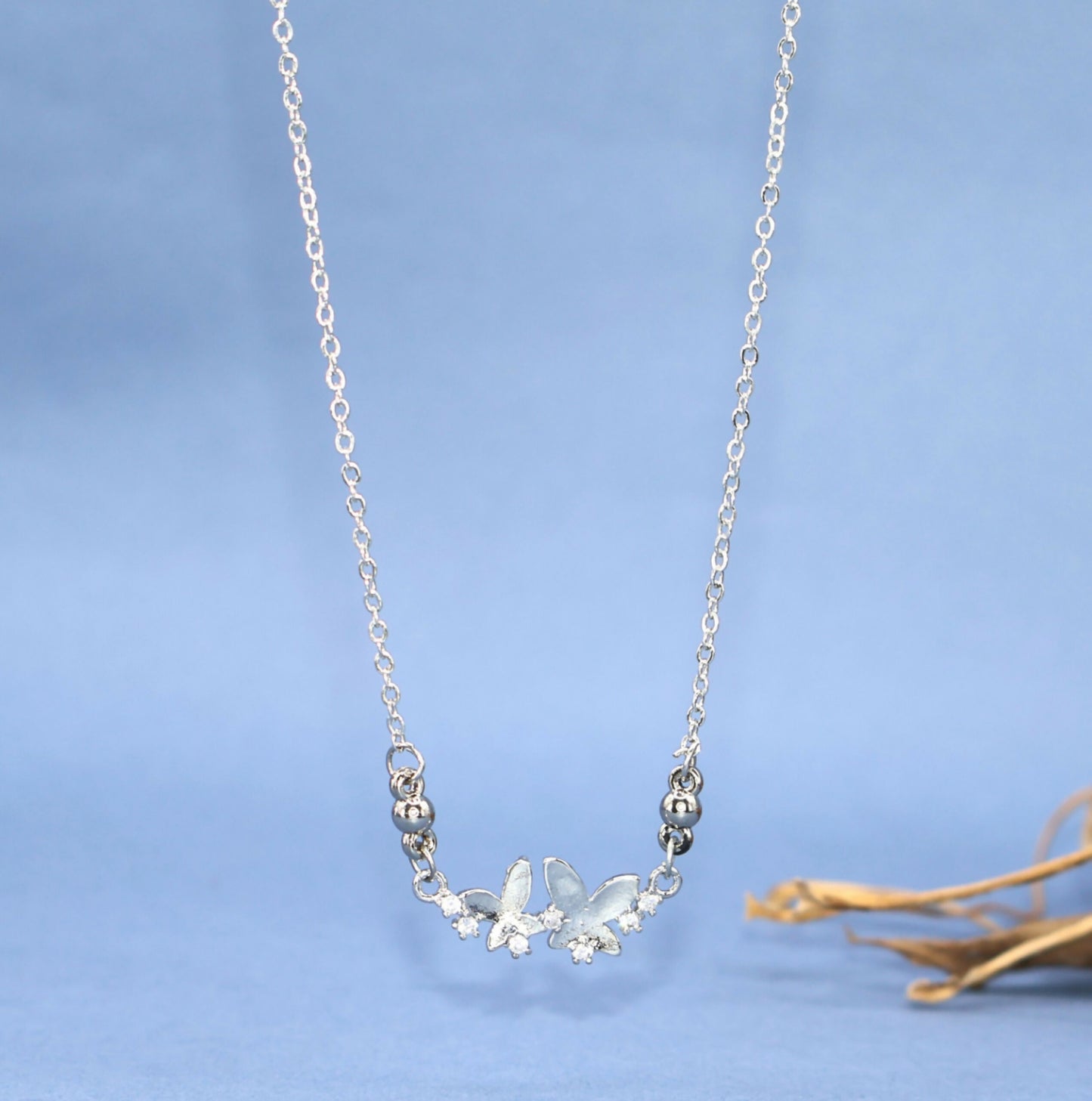 Silver Tone AD Pave Double Butterfly Bar Pendant Necklace