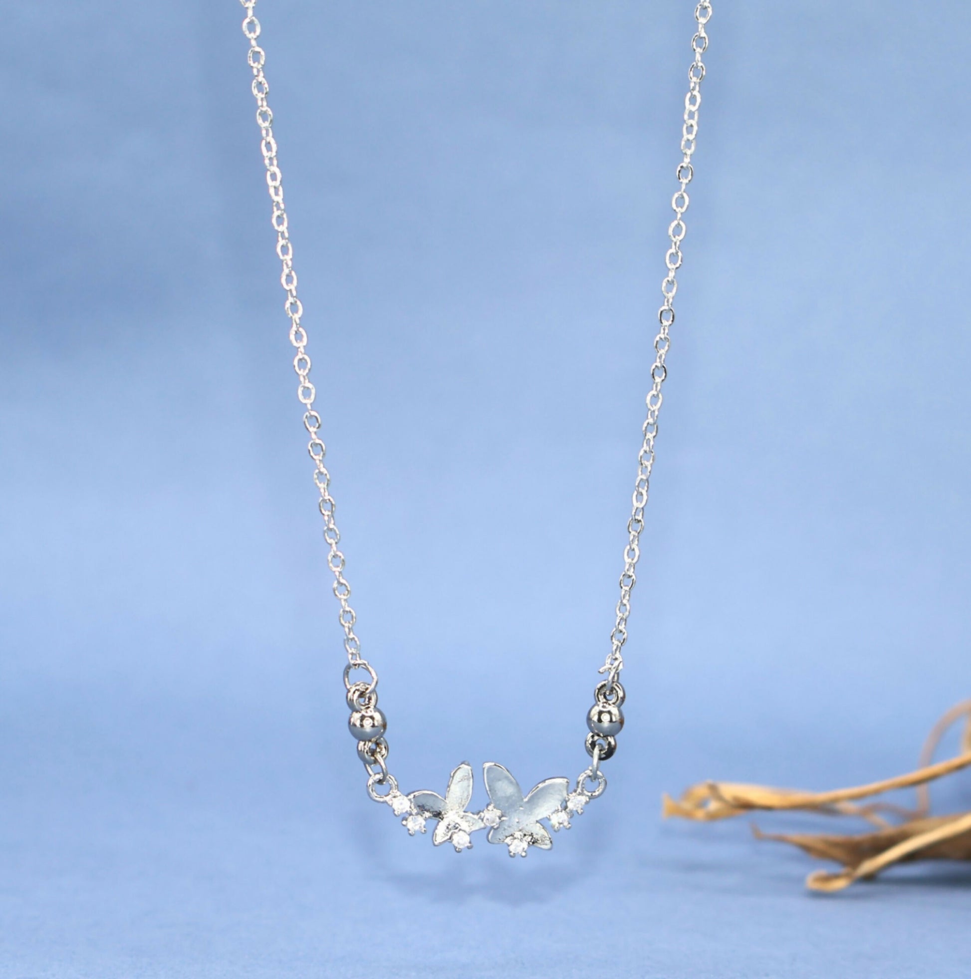 Silver Tone AD Pave Double Butterfly Bar Pendant Necklace