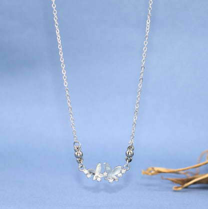 Silver Tone AD Pave Double Butterfly Bar Pendant Necklace