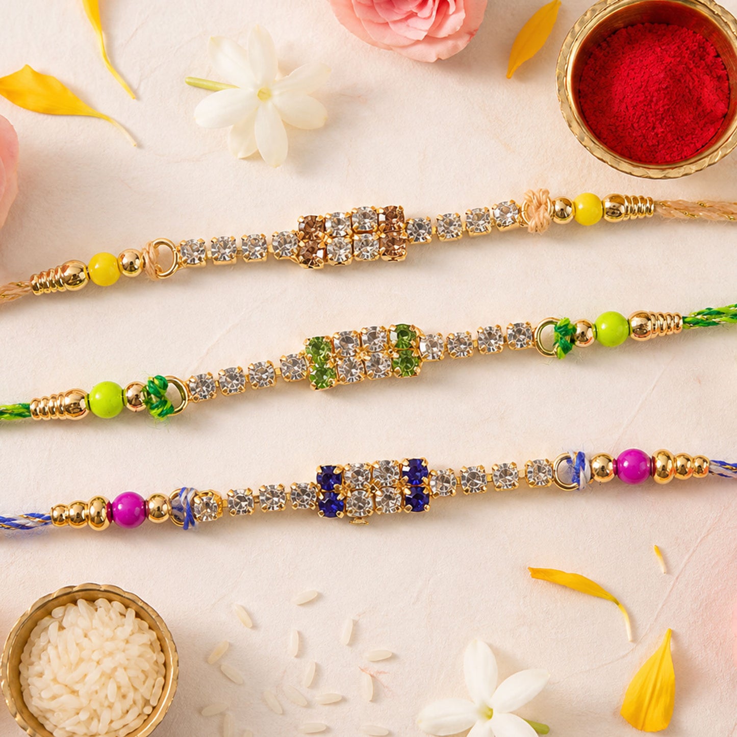 Wide Rectangular Stone Rakhi for Raksha Bandhan (Pack of 6)