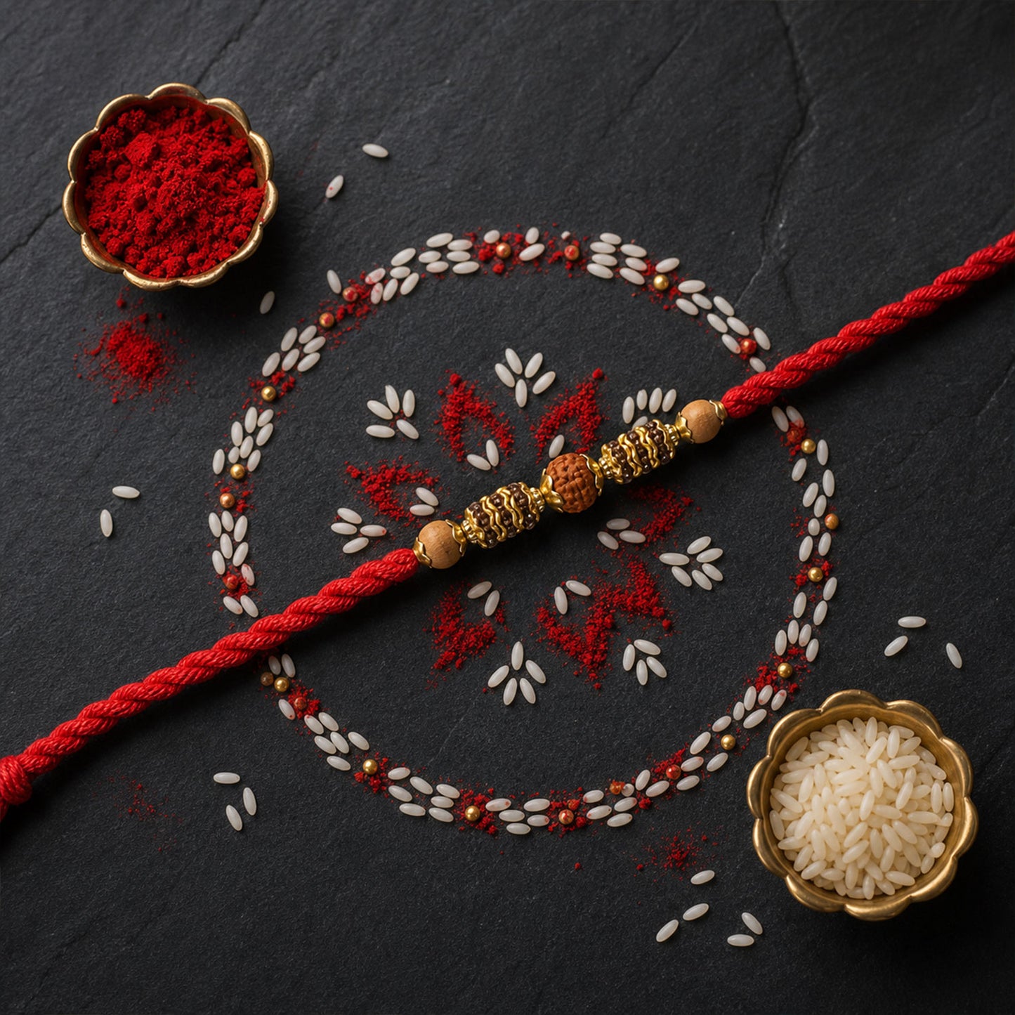 Red Thread Rakhi with Textured Golden Rudraksha-Style Bead Pendant
