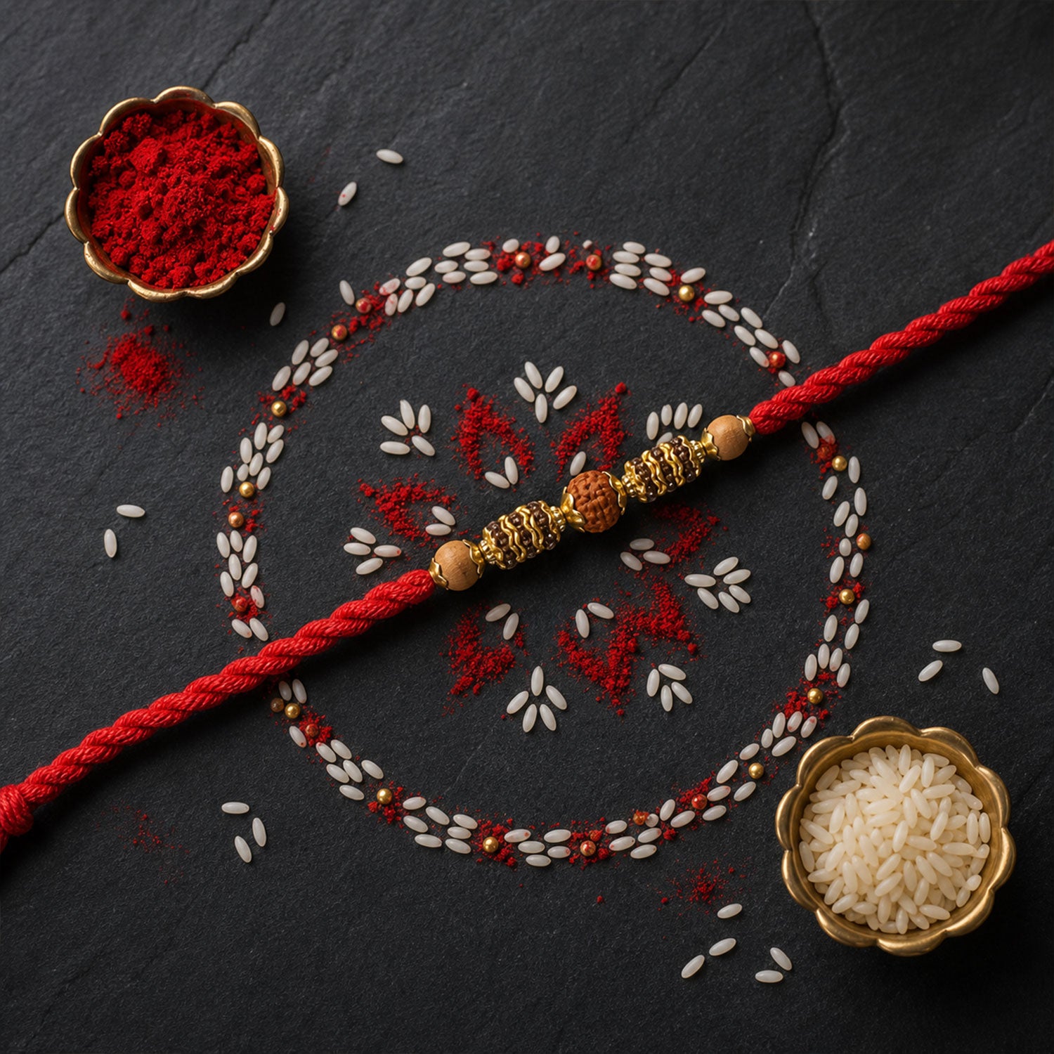 Red Thread Rakhi with Textured Golden Rudraksha-Style Bead Pendant