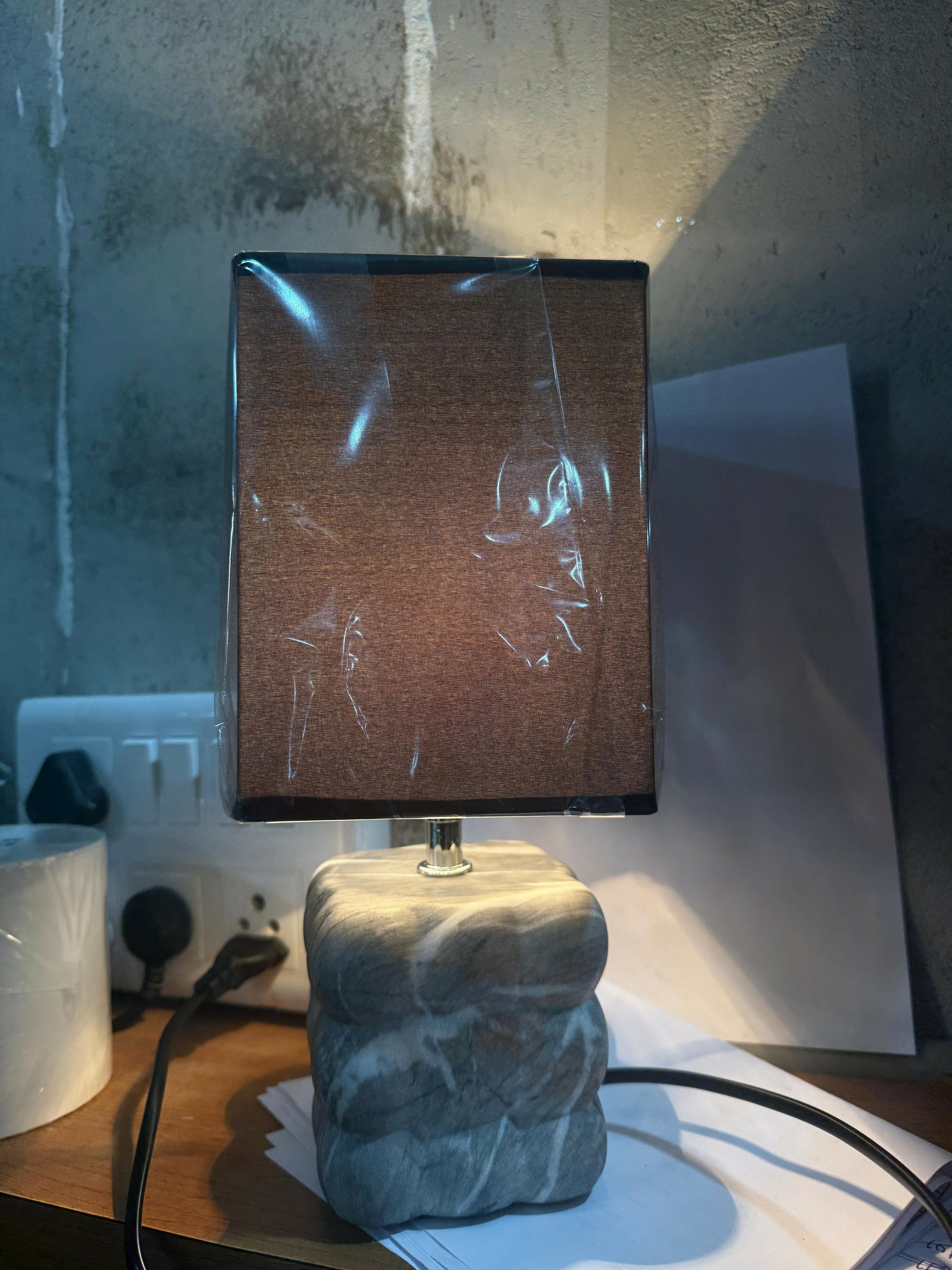 Modern Textured Grey Ceramic Table Lamp with Round Fabric Shade & Minimalist Metal Detailing | Luxury Bedside, Living Room & Study Night Lamp | Soft Ambient Lighting Decorative Home Décor Piece