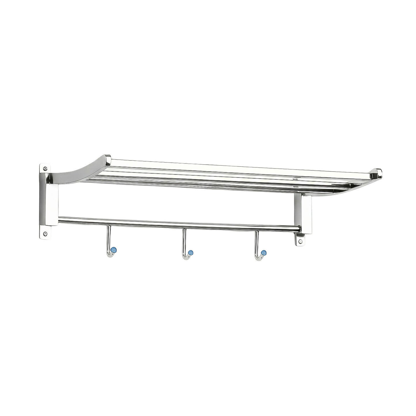 Full view of wall mounted towel rack with accessories