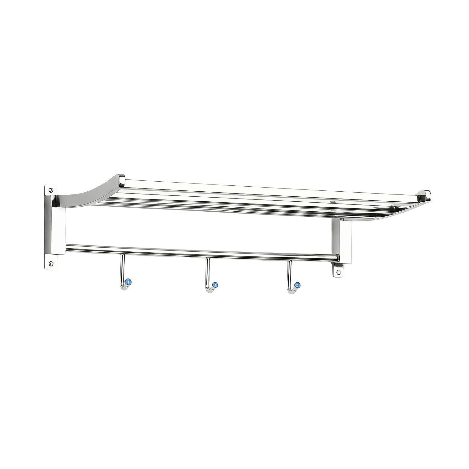 Full view of wall mounted towel rack with accessories