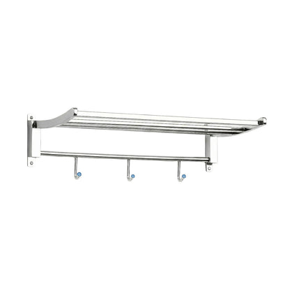 Full view of wall mounted towel rack with accessories