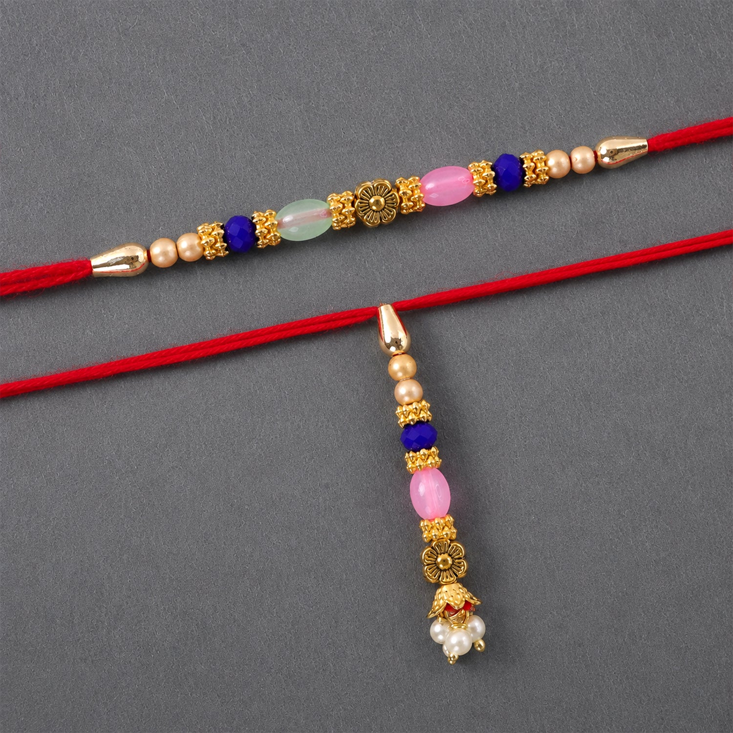 Graceful Floral Cluster Bhai Bhabhi Rakhi with Flower and Pearl Drop for Gifting