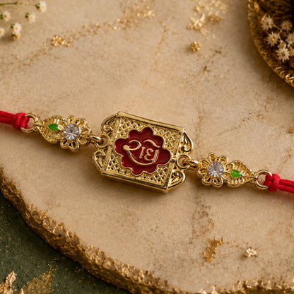 Gold-Toned Radhe with Red Enamel, Crystal Accents & Red Thread