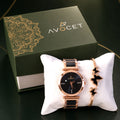 Rose Gold Round Dial Watch with Black Butterfly Shape Bracelet for Women