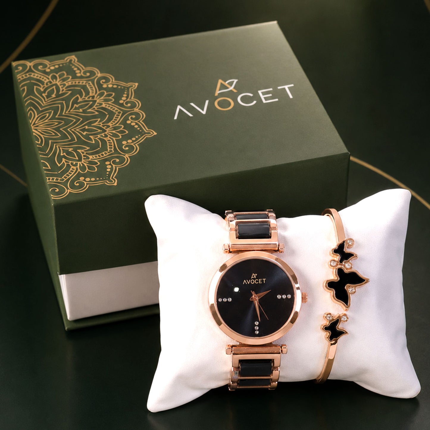 Rose Gold Round Dial Watch with Black Butterfly Shape Bracelet for Women