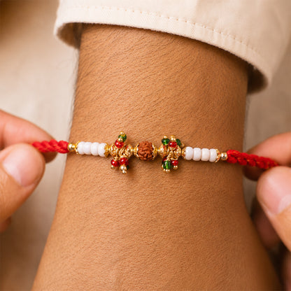 Red Pearl Designer Rakhi with Golden Accents and Compact Festive Beauty