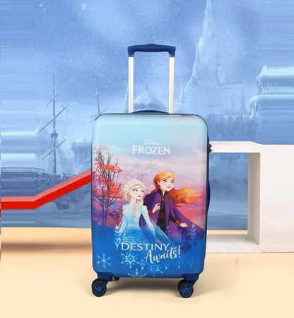 Bright sky blue Disney Frozen kids trolley bag in vibrant display