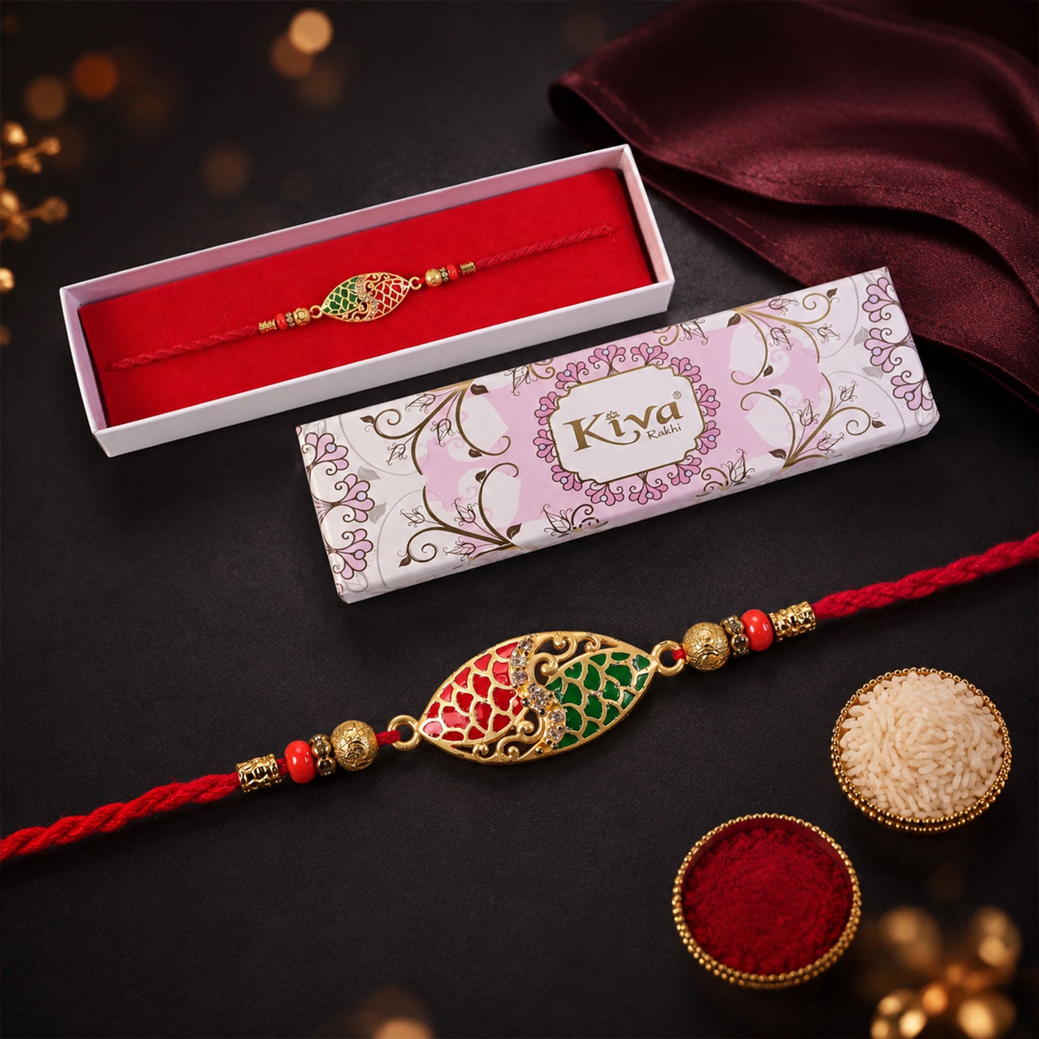 Red & Green Marquise Meenakari Designer Rakhi for Brother Gift Set Combo