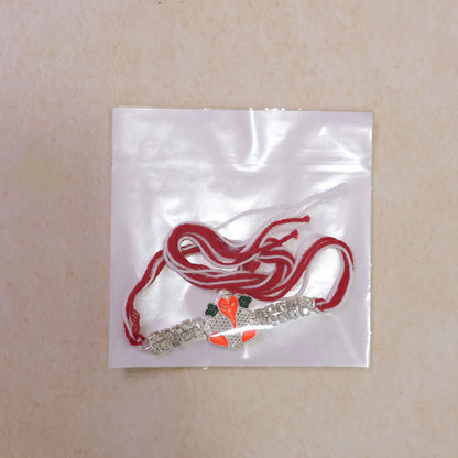 Silver-Toned Bal Ganesha Rakhi with Orange-Green Enamel, Double Crystal Chain & Red-White Thread