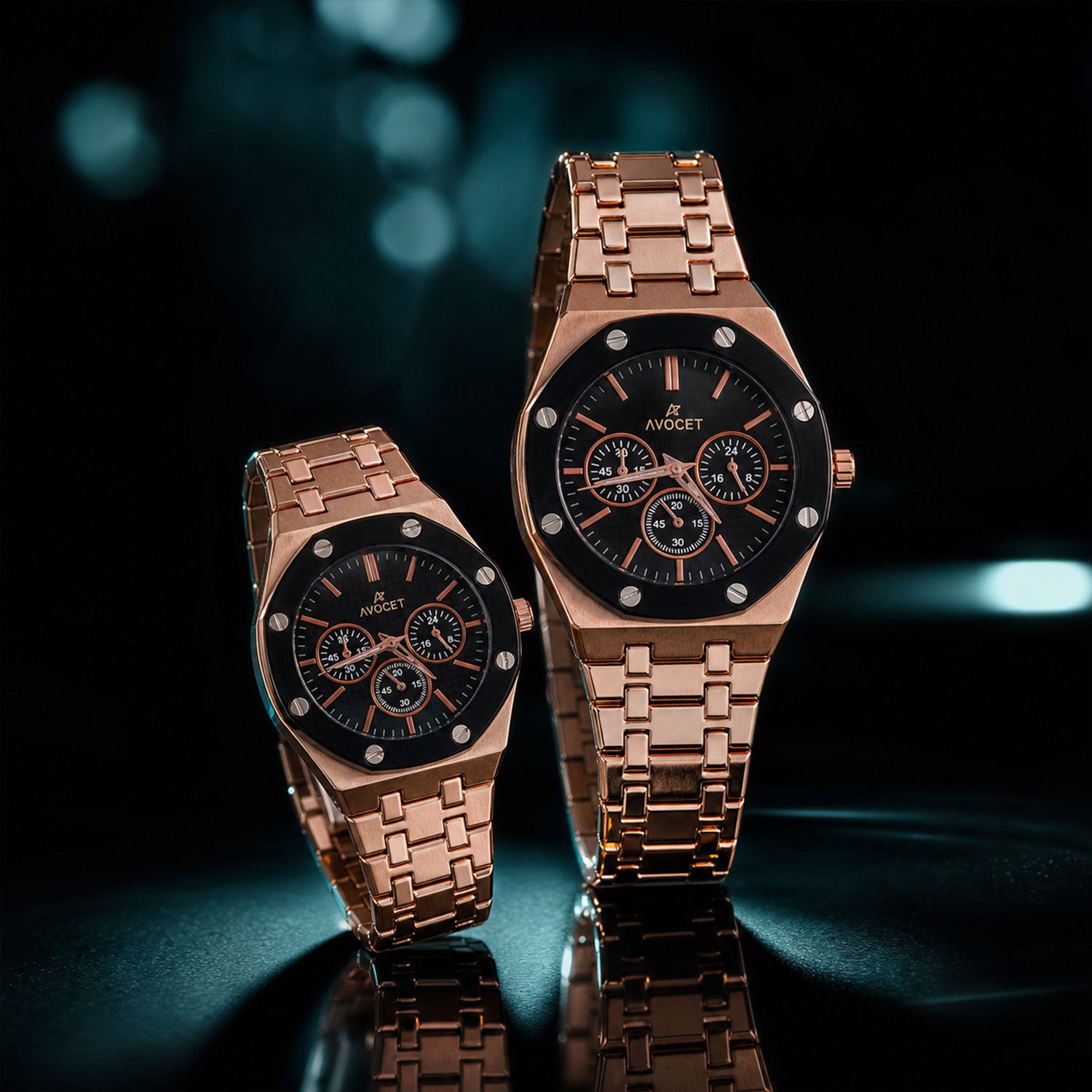 Rose Gold Couple Watch Set with Black Dial Chronograph Style Metal Strap