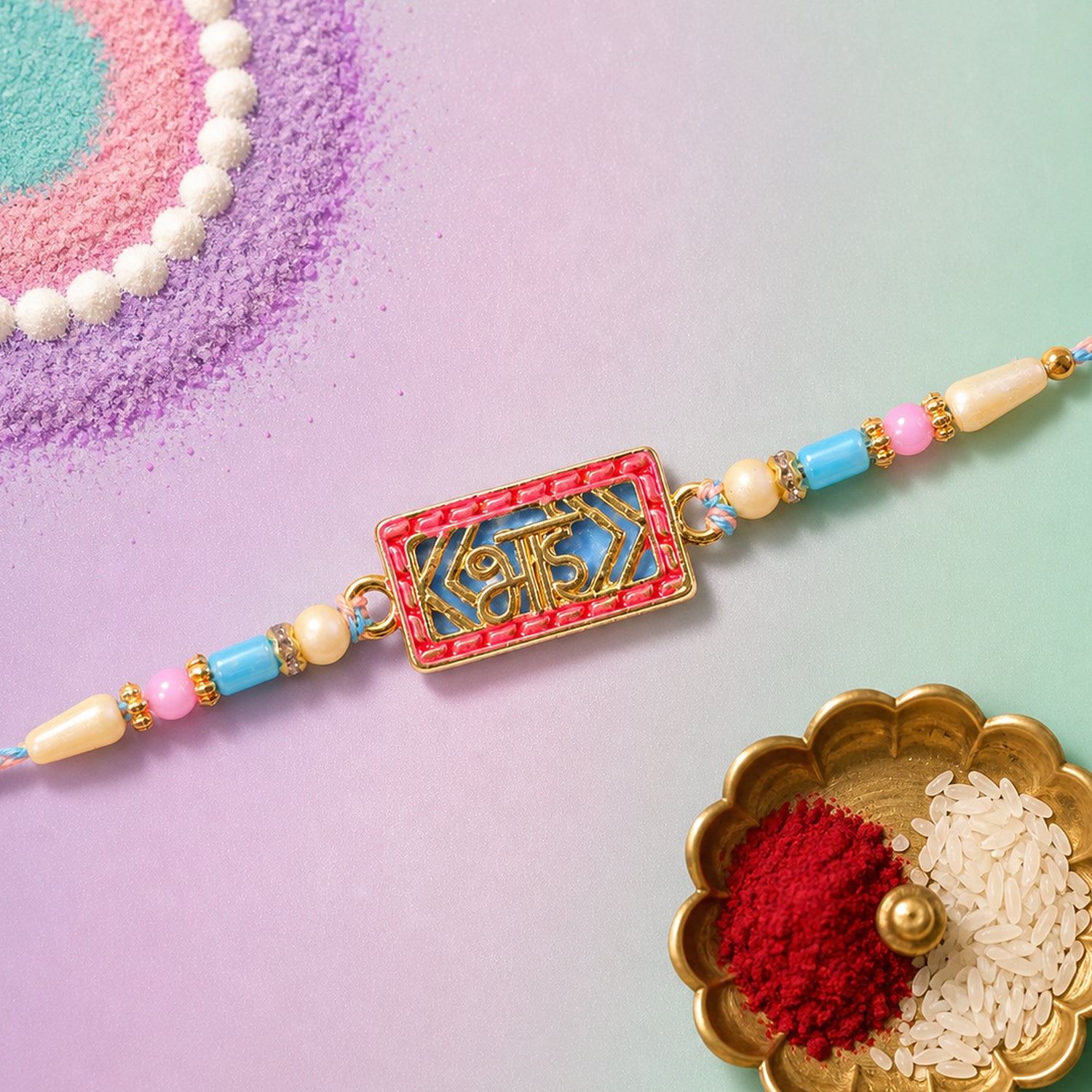 Classic Rakhi showcasing Shubh Plaque, crystal accents and plaque look for Gift Use