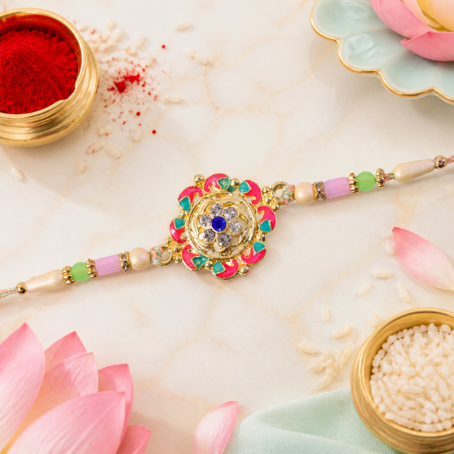 Paisley Petal Kundan Flower Pendant Rakhi with Pearl Beads
