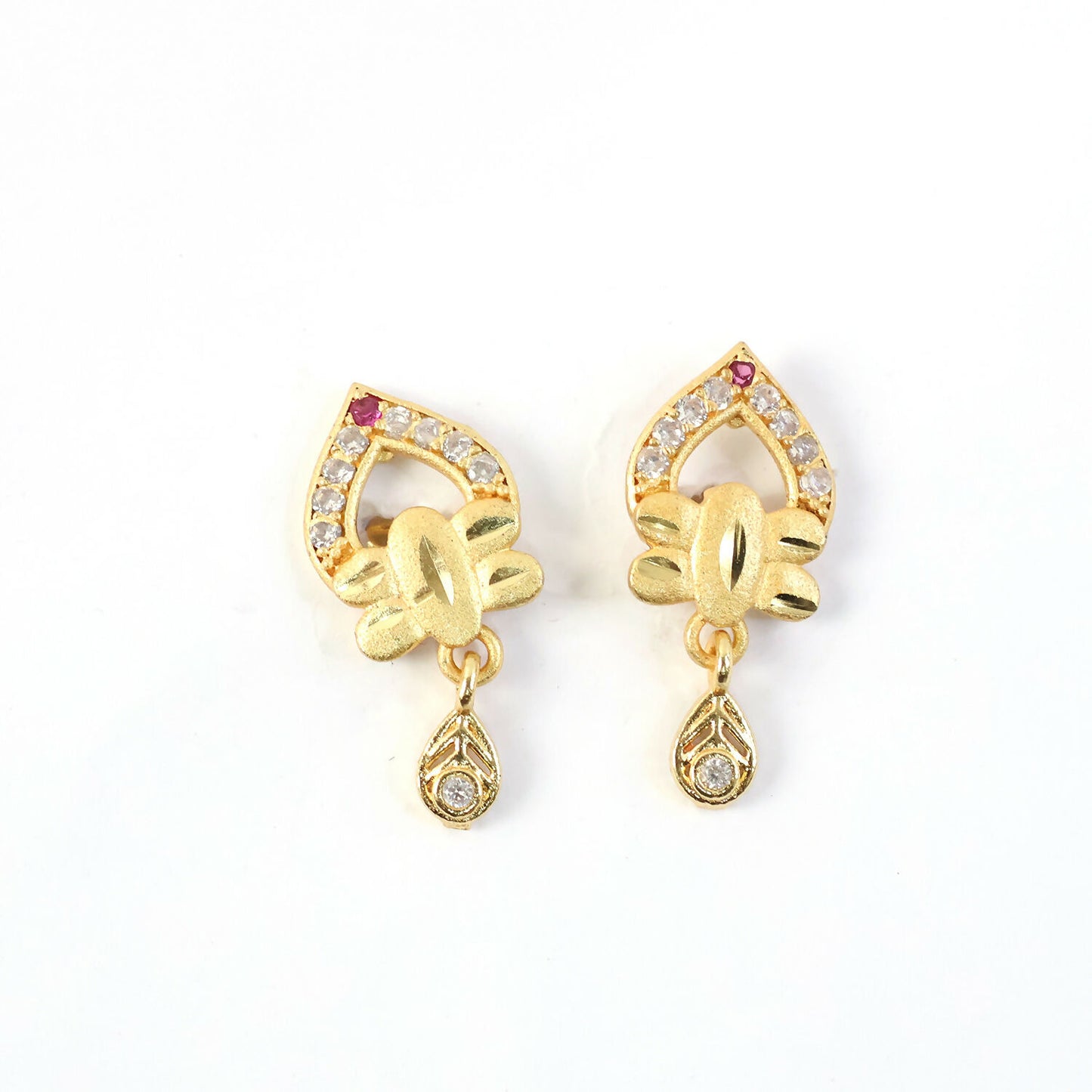 Modern Floral Gold Finish Stud Earrings With Polished Texture And Drop Accent