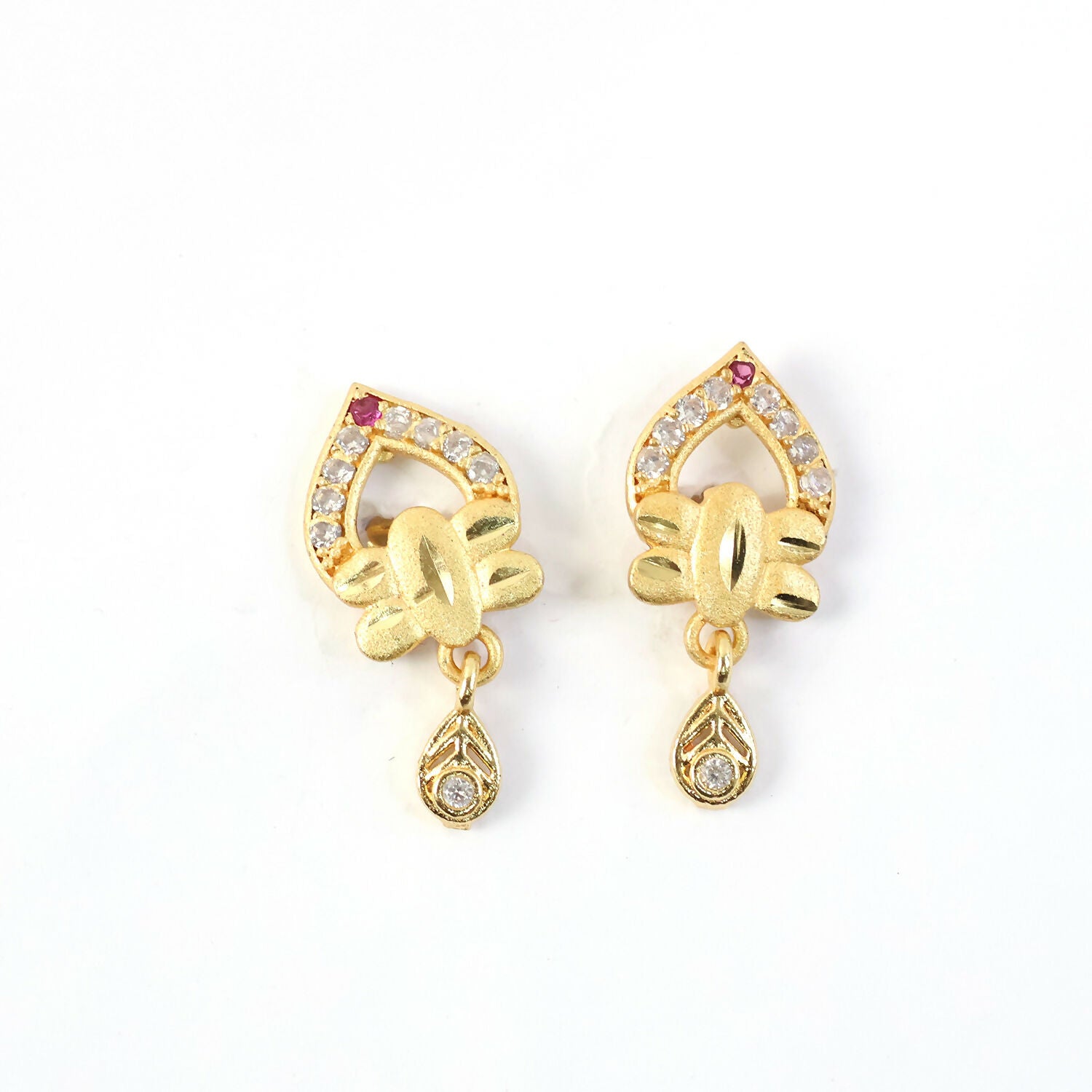 Modern Floral Gold Finish Stud Earrings With Polished Texture And Drop Accent