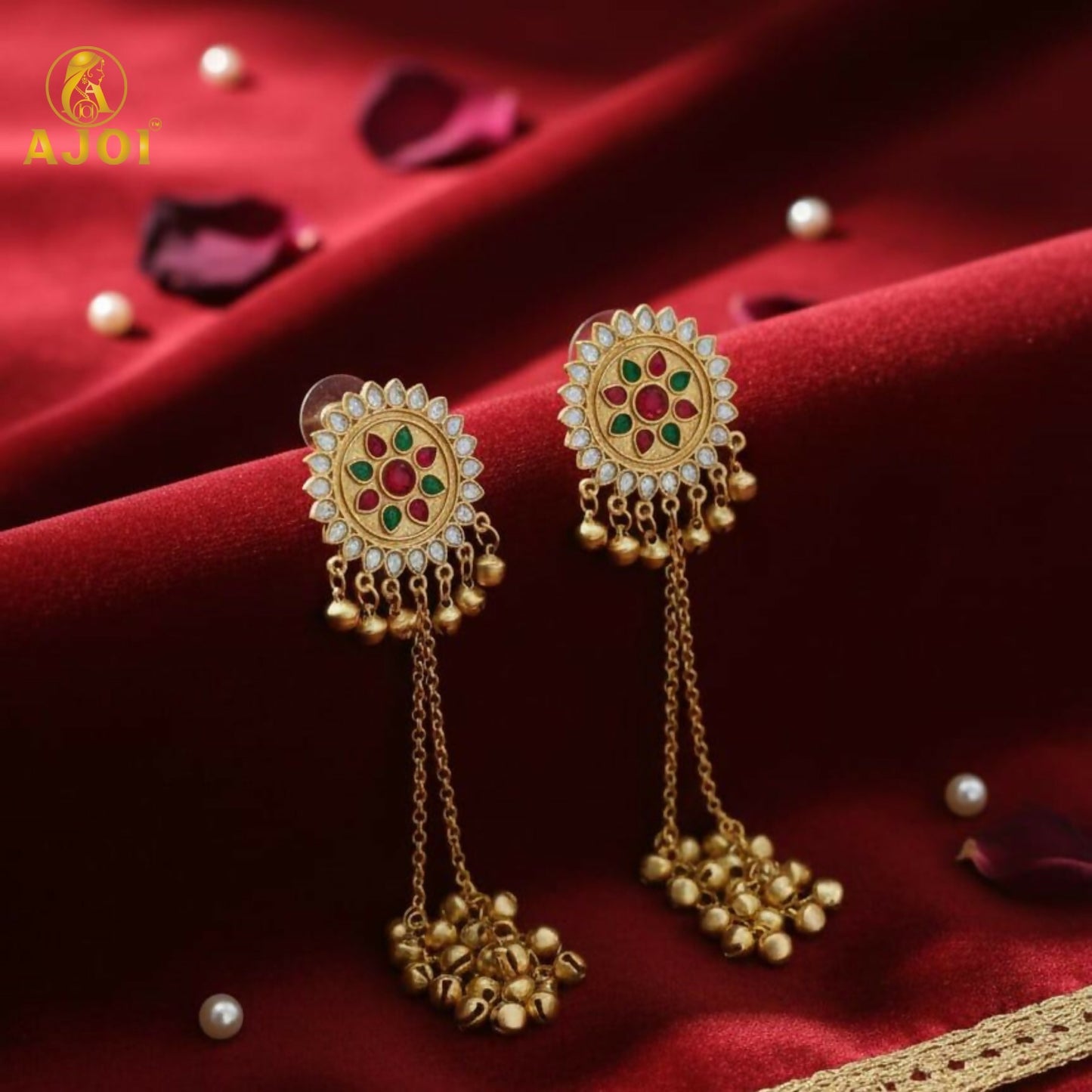 Royal Kashmiri Jhumka Drop Earrings with Kundan & Pearl Tassels–Luxury Earrings