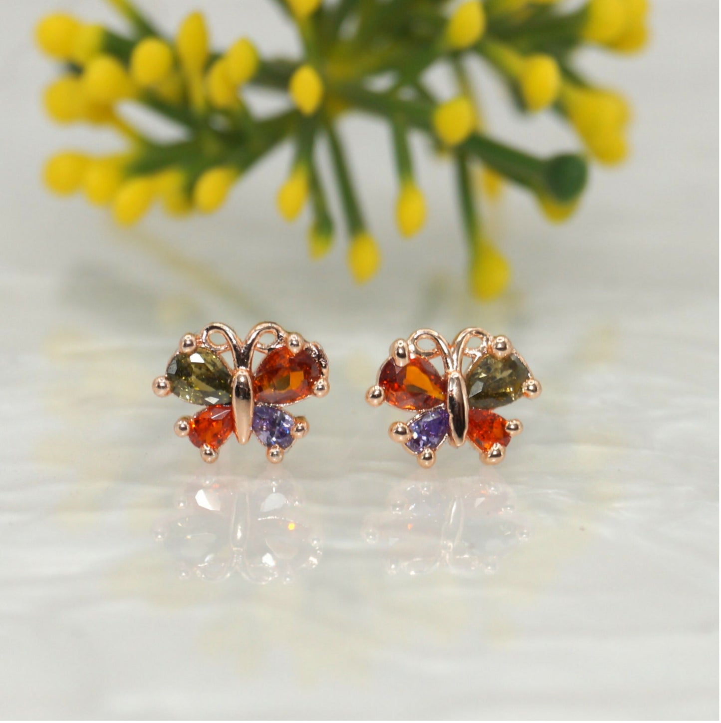 Rose Gold Butterfly Stud Earrings | Multi-Color AD | Cute Daily Jewelry for women and girls