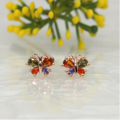 Rose Gold Butterfly Stud Earrings | Multi-Color AD | Cute Daily Jewelry for women and girls