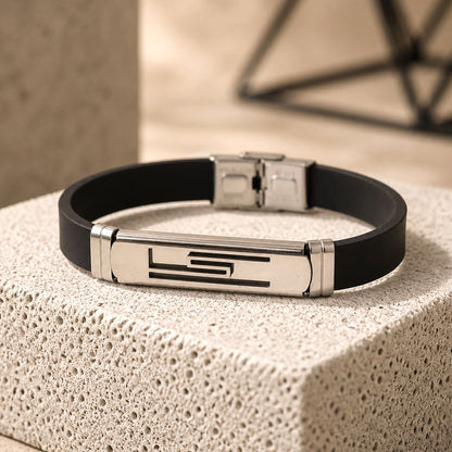 Geometric Band Rakhi with Black Strap and Silver Symbol Plate for Raksha Bandhan