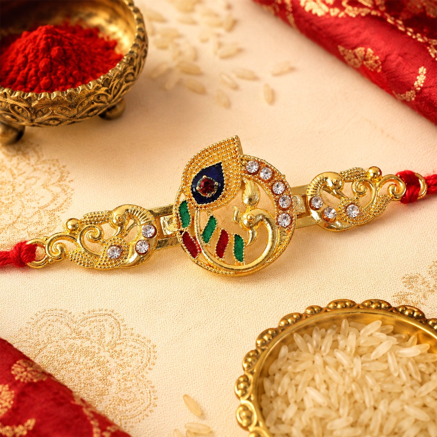 Krishna Flute Rakhi Golden Enamel Red Thread for Raksha Bandhan (10pcs)