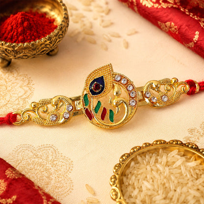Krishna Flute Rakhi Golden Enamel Red Thread for Raksha Bandhan (5pcs)