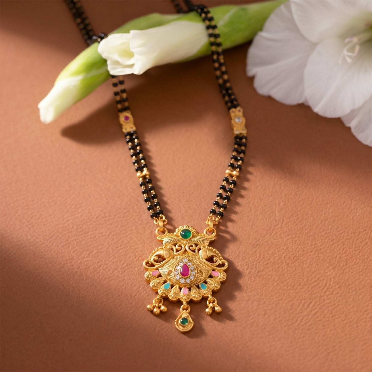 Mirrored Twin Peacock Pendant with Pastel Drop Long Double Strand Mangalsutra