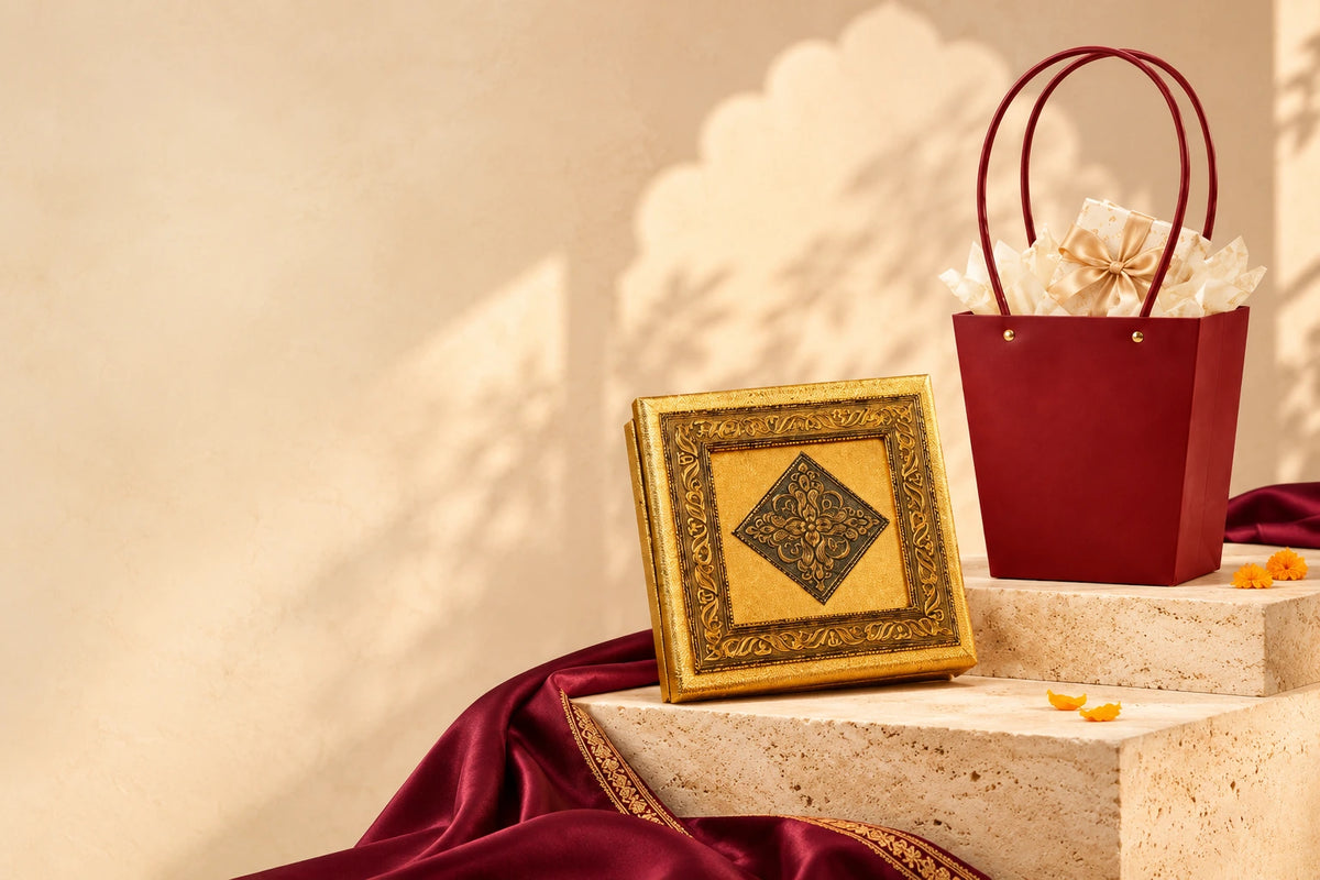 Decorative boxes & hamper bags, ready for gifting.