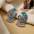 German Silver Chandbali Earrings – Sky Blue Stones & Ghungroo