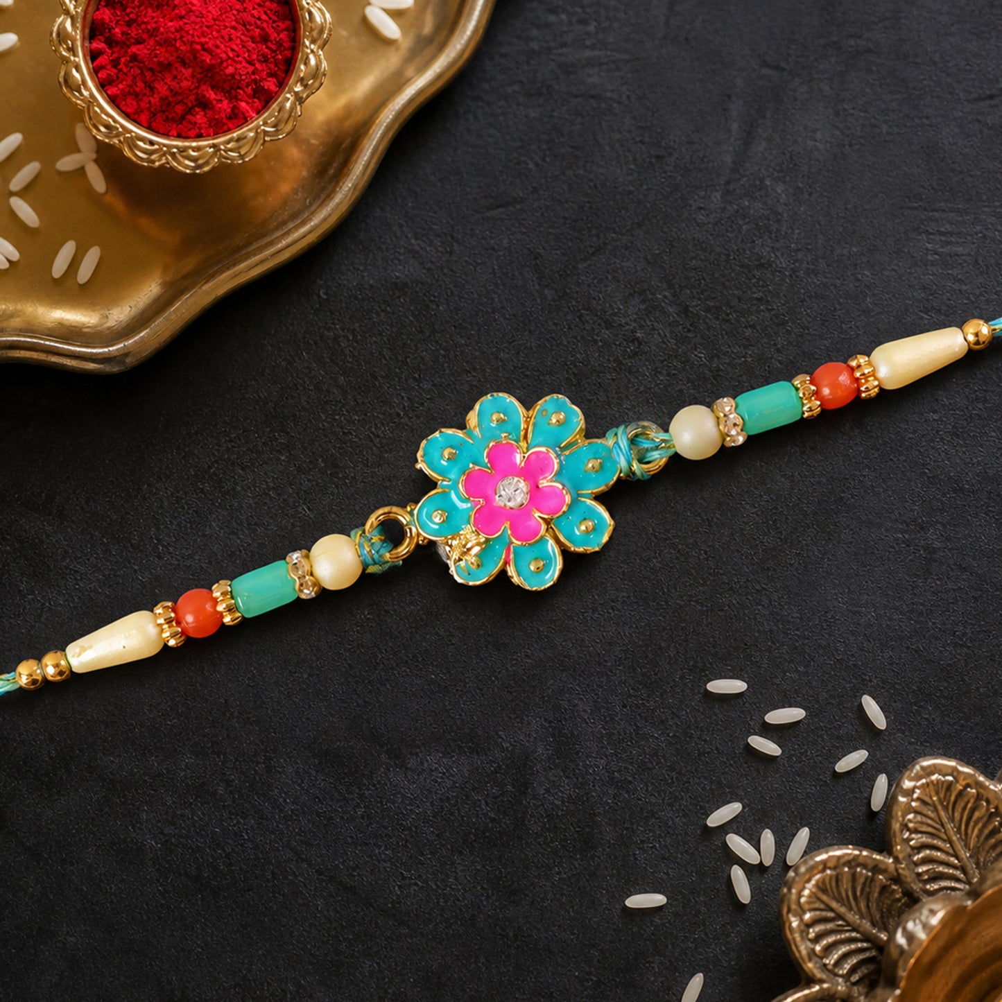 Premium Rakhi with Floral Blossom Charm and crystal accents in bead line for Gift Use