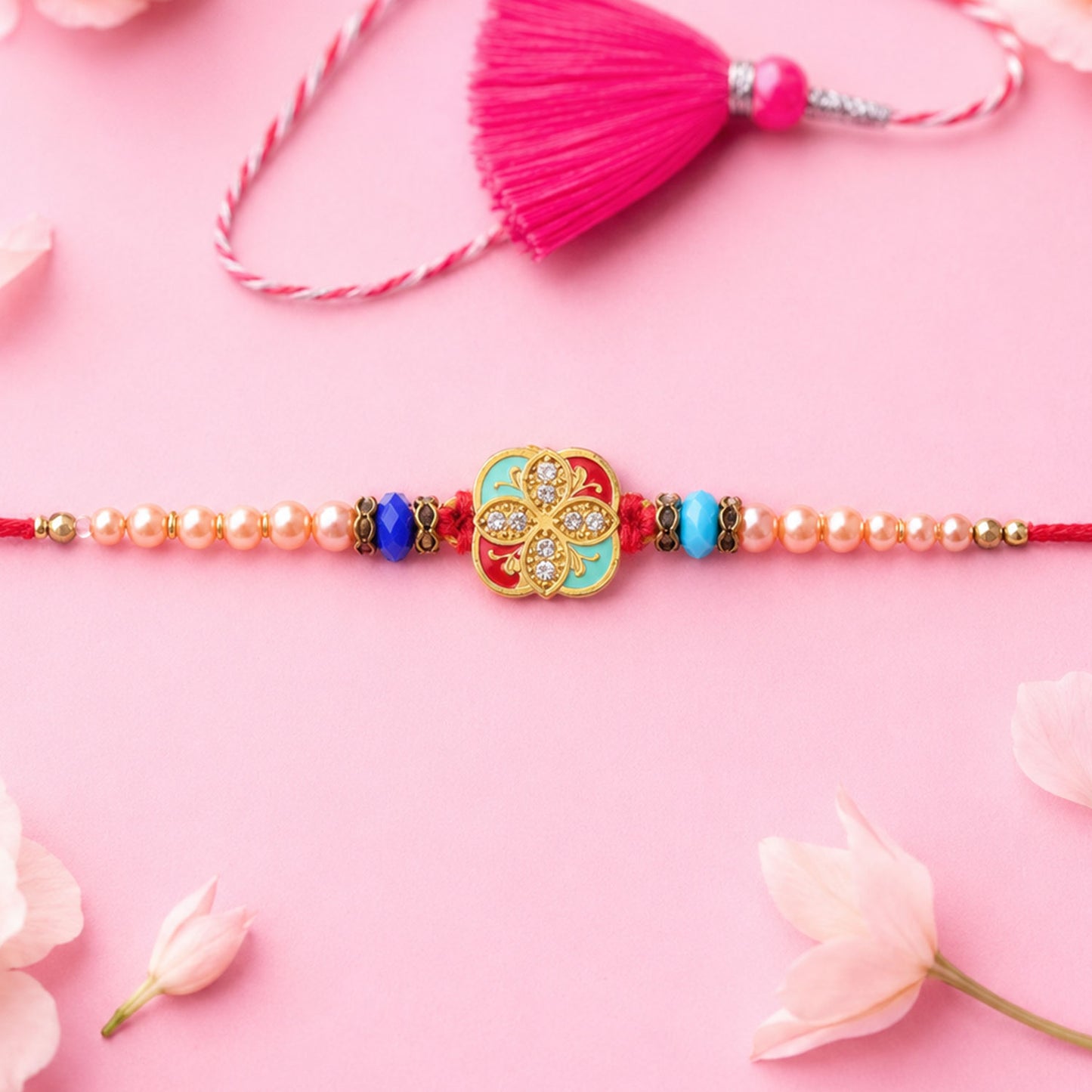 Royal Turquoise Meenakari Floral Rakhi for Brother with Pearls & Beads