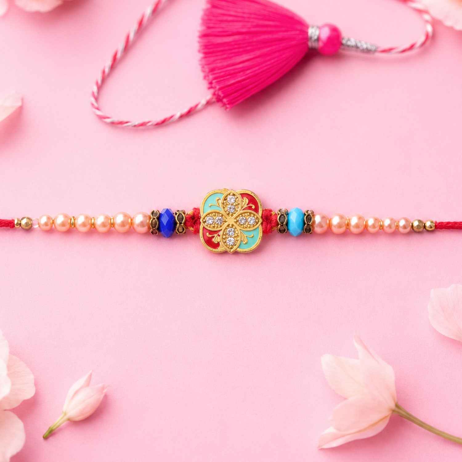 Royal Turquoise Meenakari Floral Rakhi for Brother with Pearls & Beads