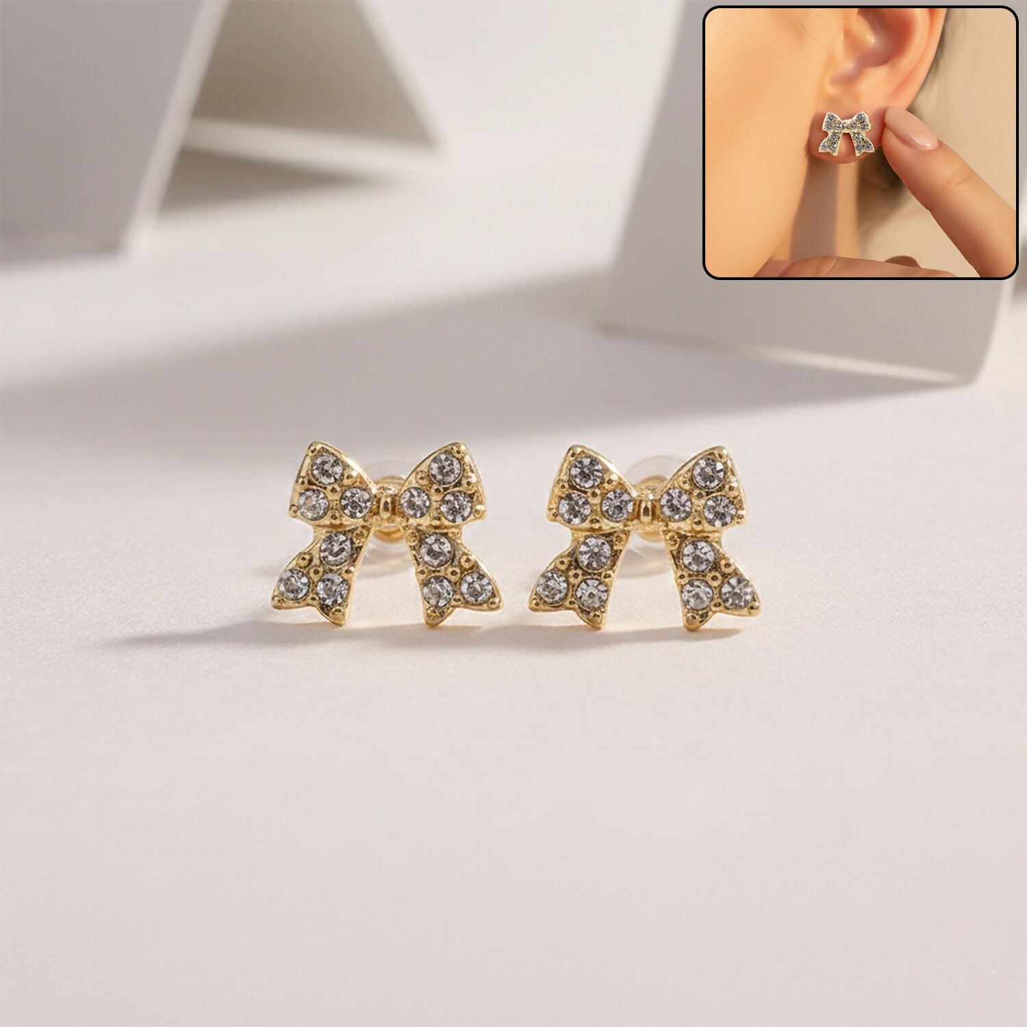 Elegant Crystal Bow Stud Earrings for Women | Gold Plated Rhinestone Ribbon Earrings | Cute Korean Style Party & Daily Wear