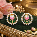 Pink Tulip Pearl Stud Earrings for Women | Floral Design Gold-Tone Fashion Jewelry