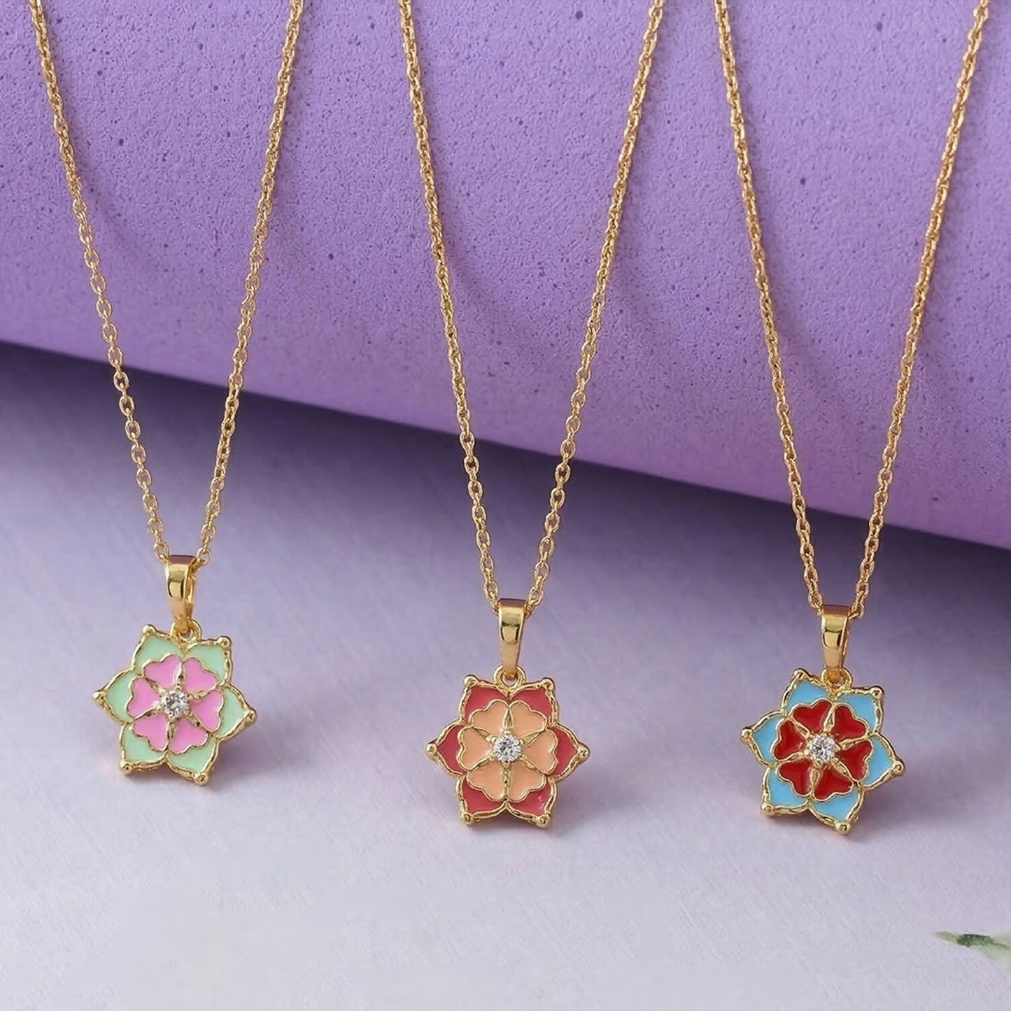 Elegant Floral Gold Pendant Necklaces with Colorful Enamel Design Combo set