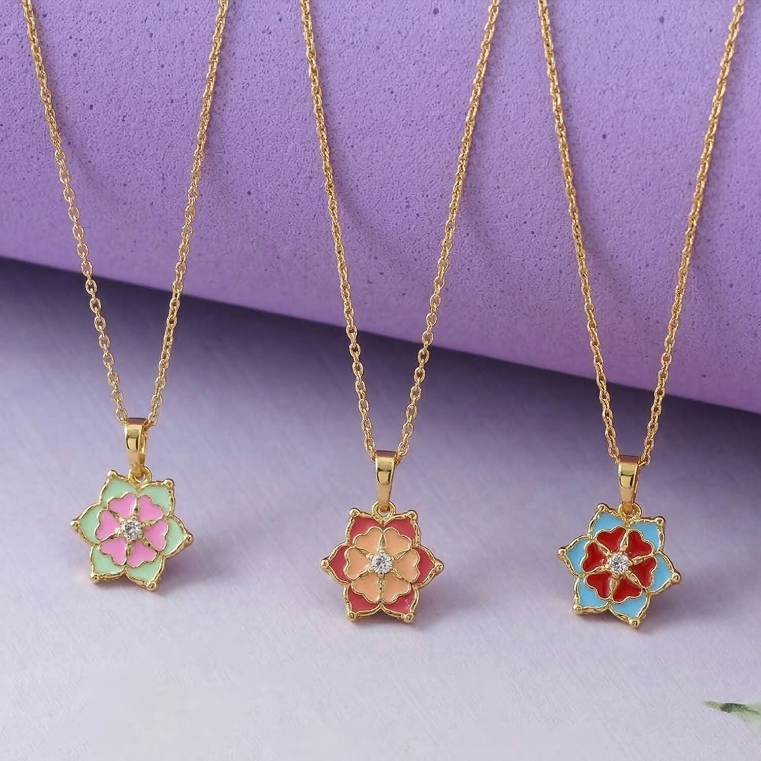 Elegant Floral Gold Pendant Necklaces with Colorful Enamel Design Combo set