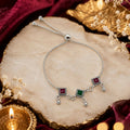 Antique Silver Geometric Gemstone Slider Bracelet Featuring Beaded Charm Dangles