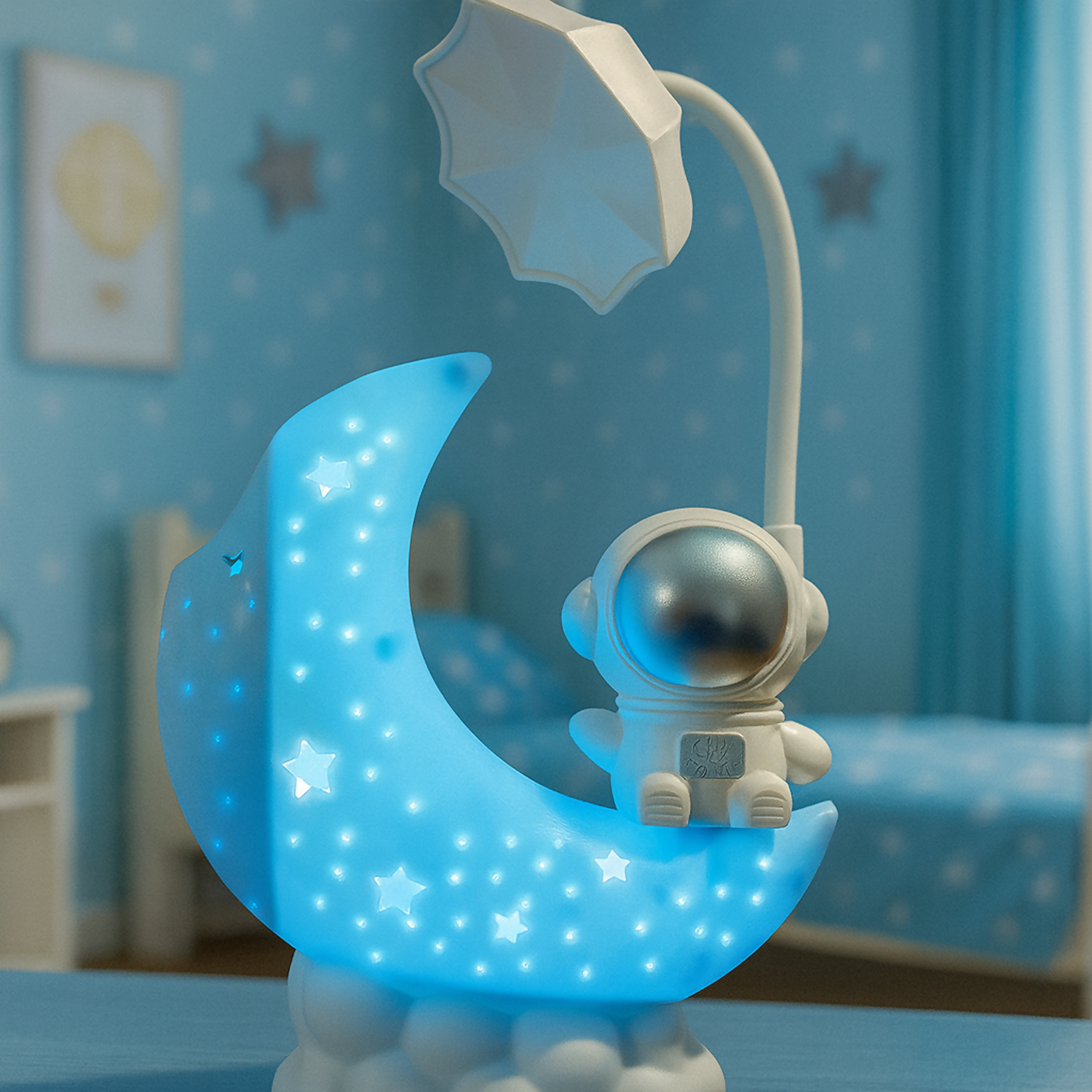 Astronaut Moon LED Night Lamp with Warm Light for Kids Bedroom & Desk (BLUE)