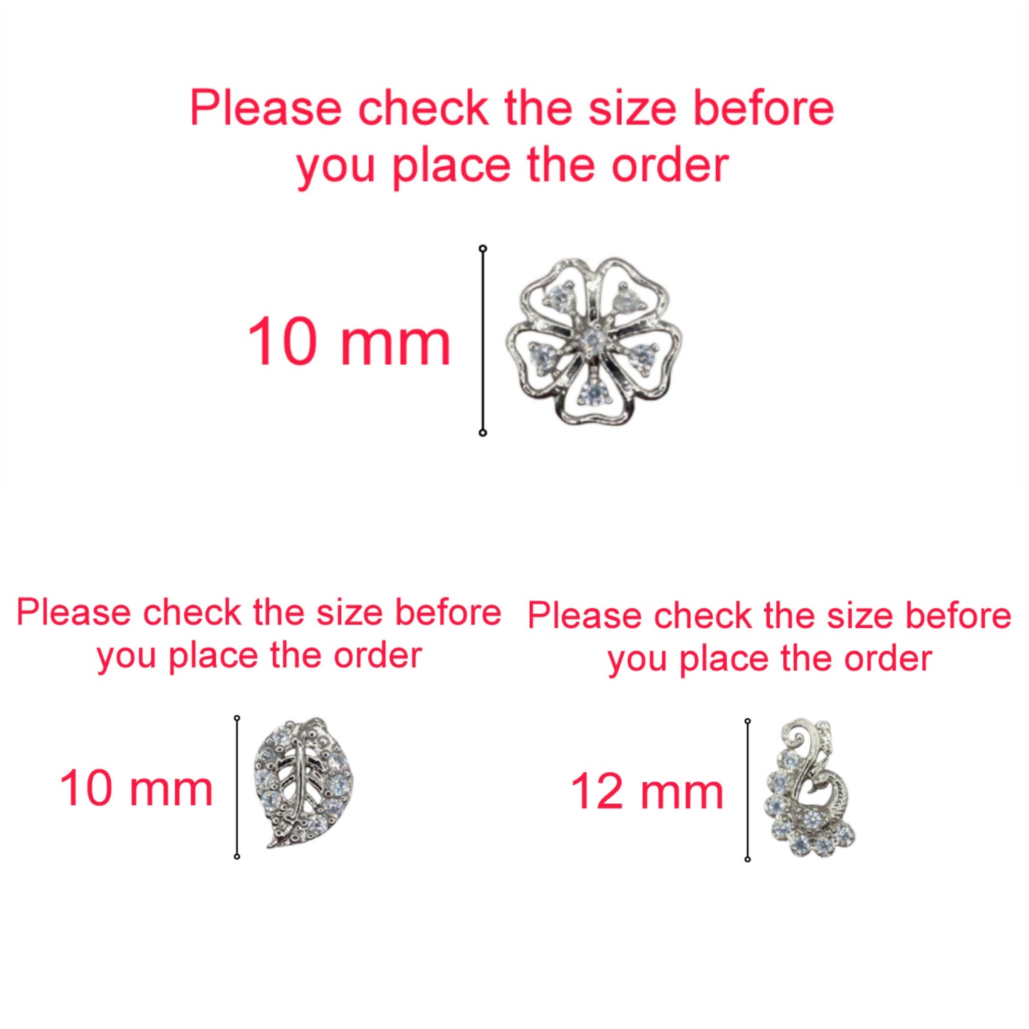 Three pairs of diamond-style floral and leaf stud earrings set displayed
