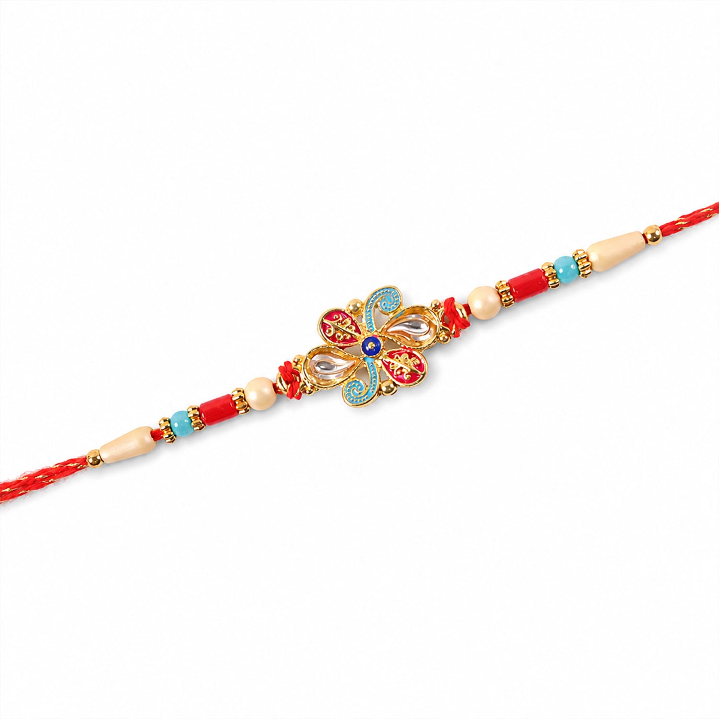 Jewel Floral Rakhi with Red Blue Beads and Bright Traditional Celebration Styling