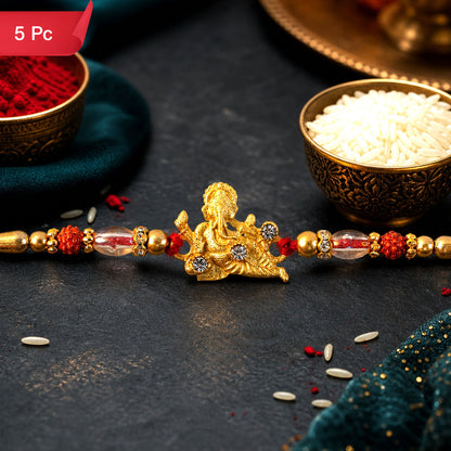 Ganesha Rakhi Rudraksha & Pearl Beads for Brother (5pcs)