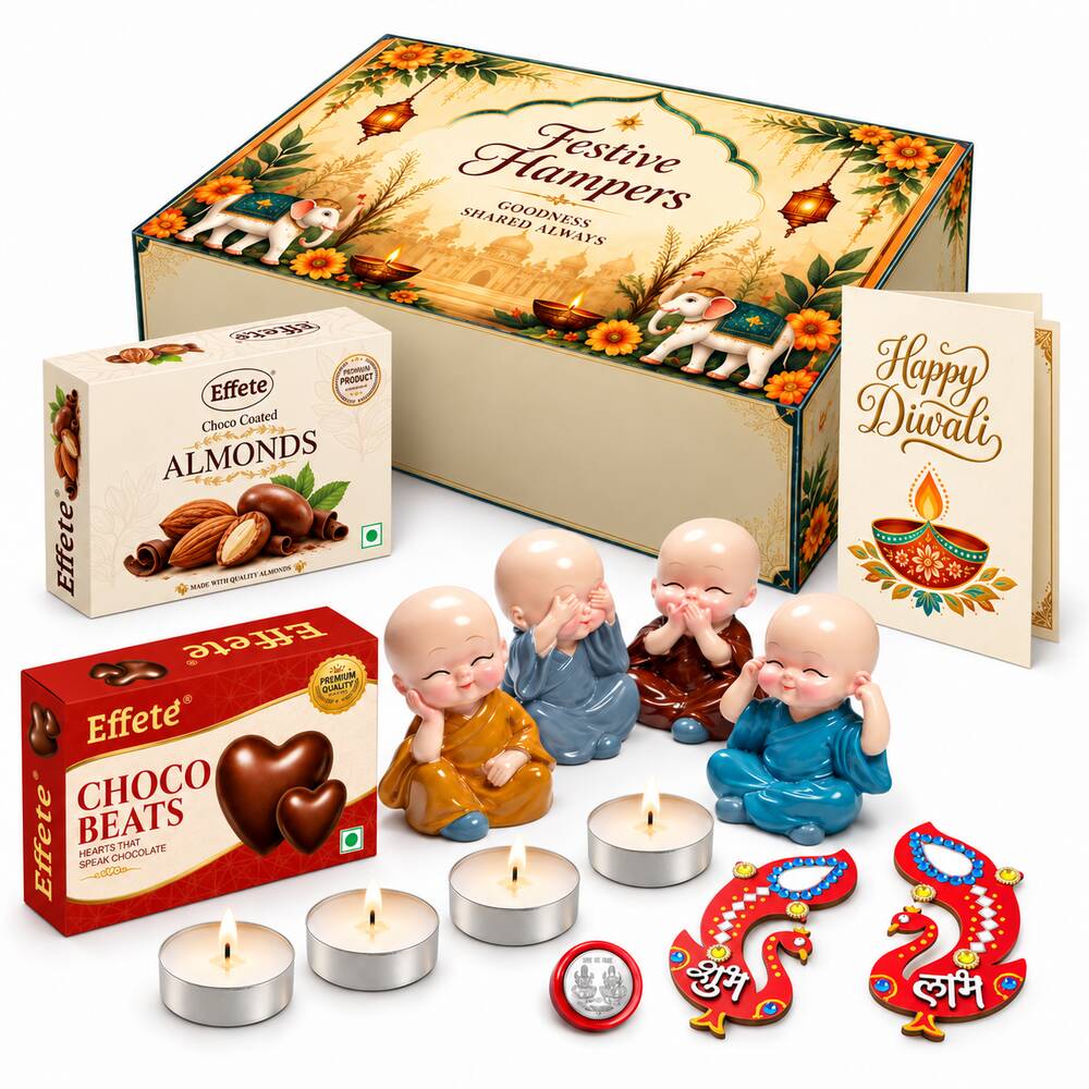 An open festive hamper box with two chocolate boxes, four Buddha figurines, tealights, and decor items.