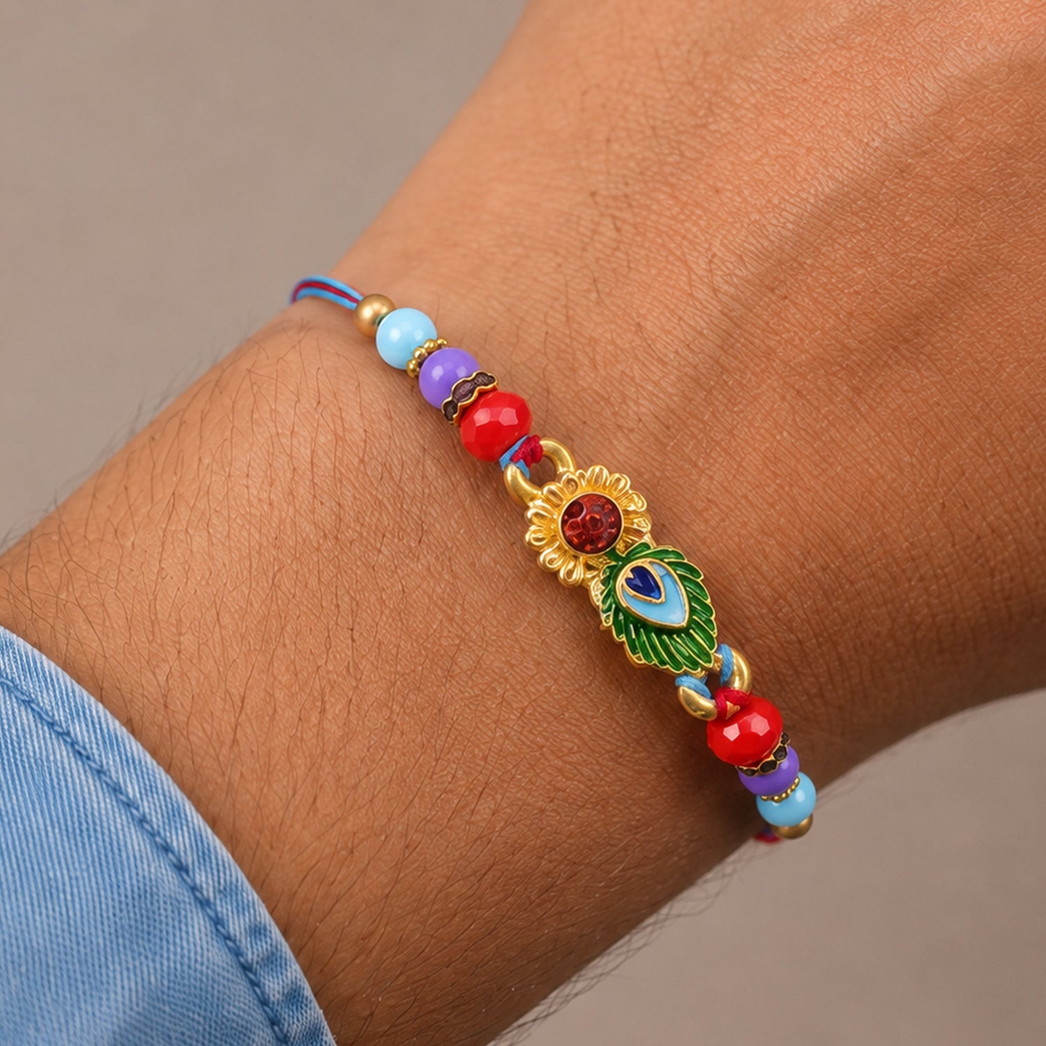 Peacock Feather Enamel Floral Stone Crystal Beads Designer Rakhi