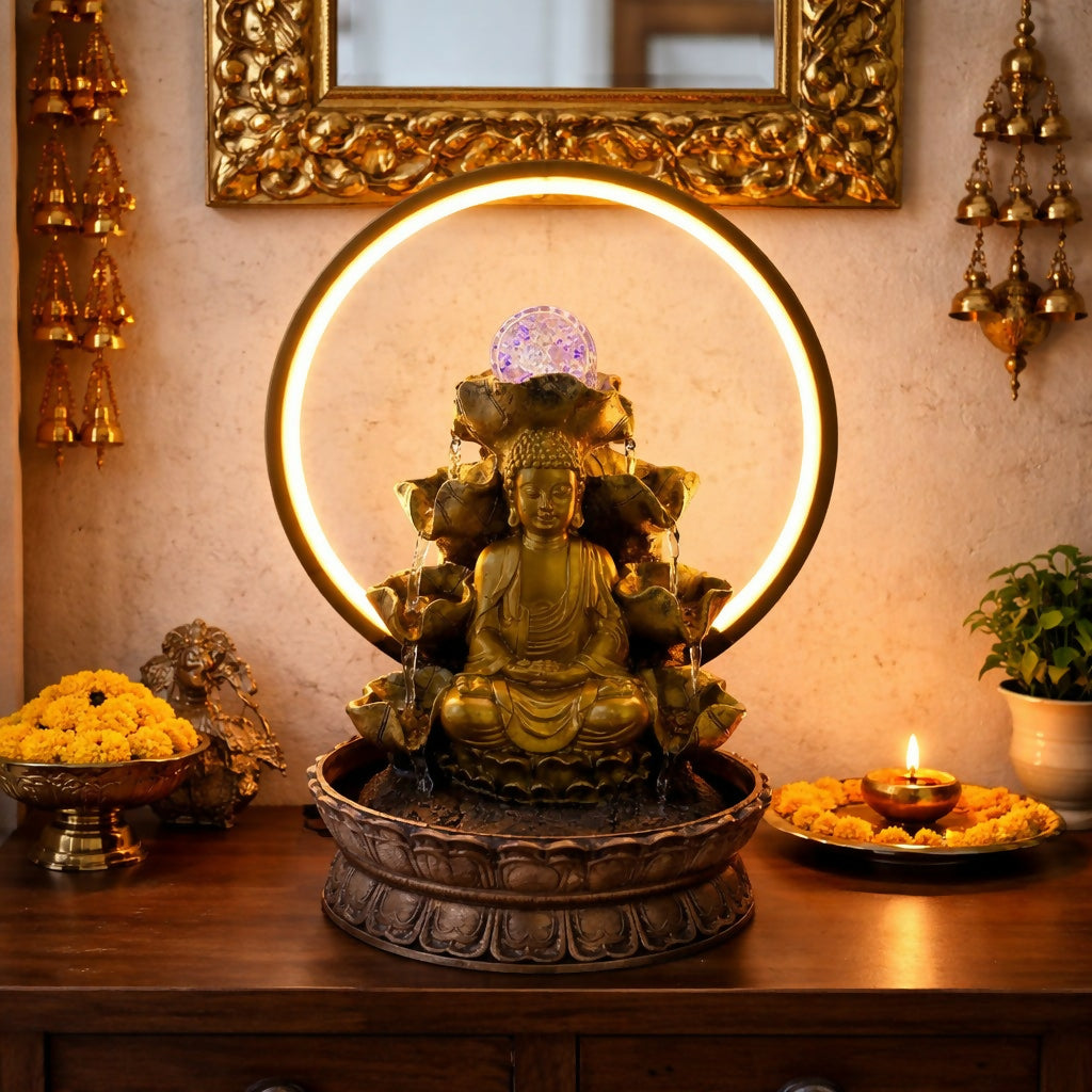 Buddha Water Fountain with LED Ring Light Decorative Tabletop